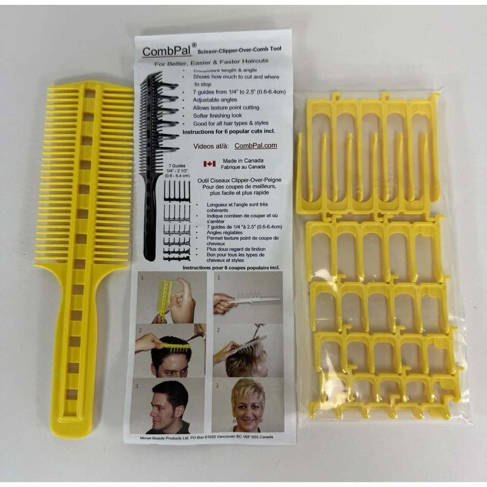 CombPal scissor-clipper-over comb hair-cutting kit with guide attachments Yellow